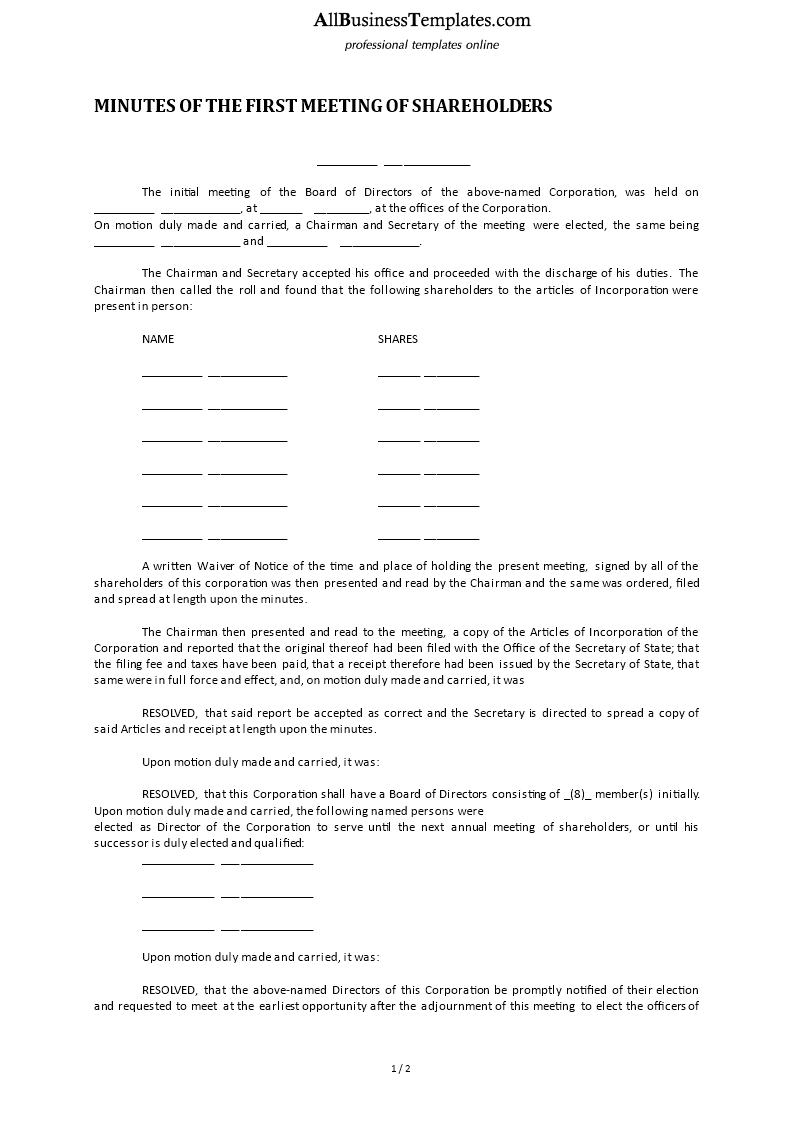 Minutes Of The First Meeting Of Shareholders 模板