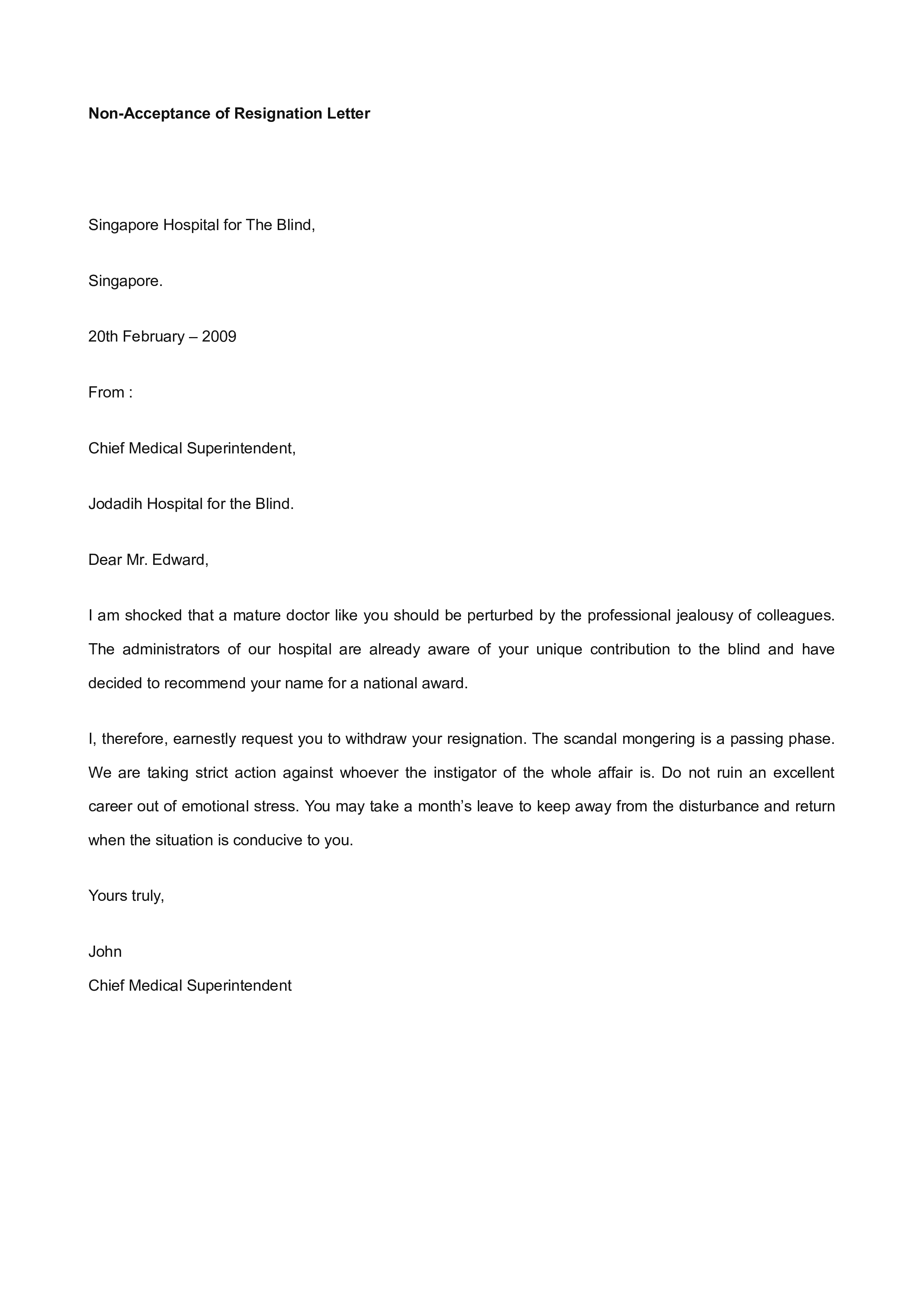 non acceptance of resignation letter template