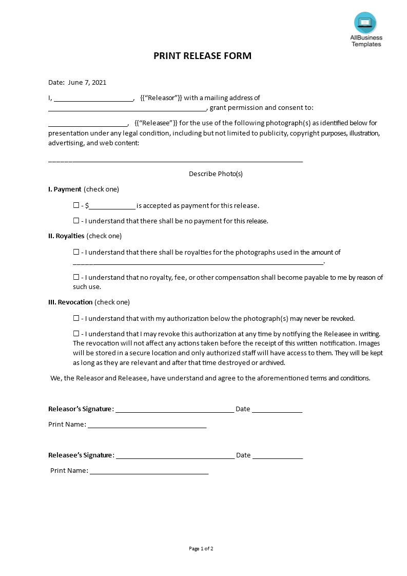 print release form template