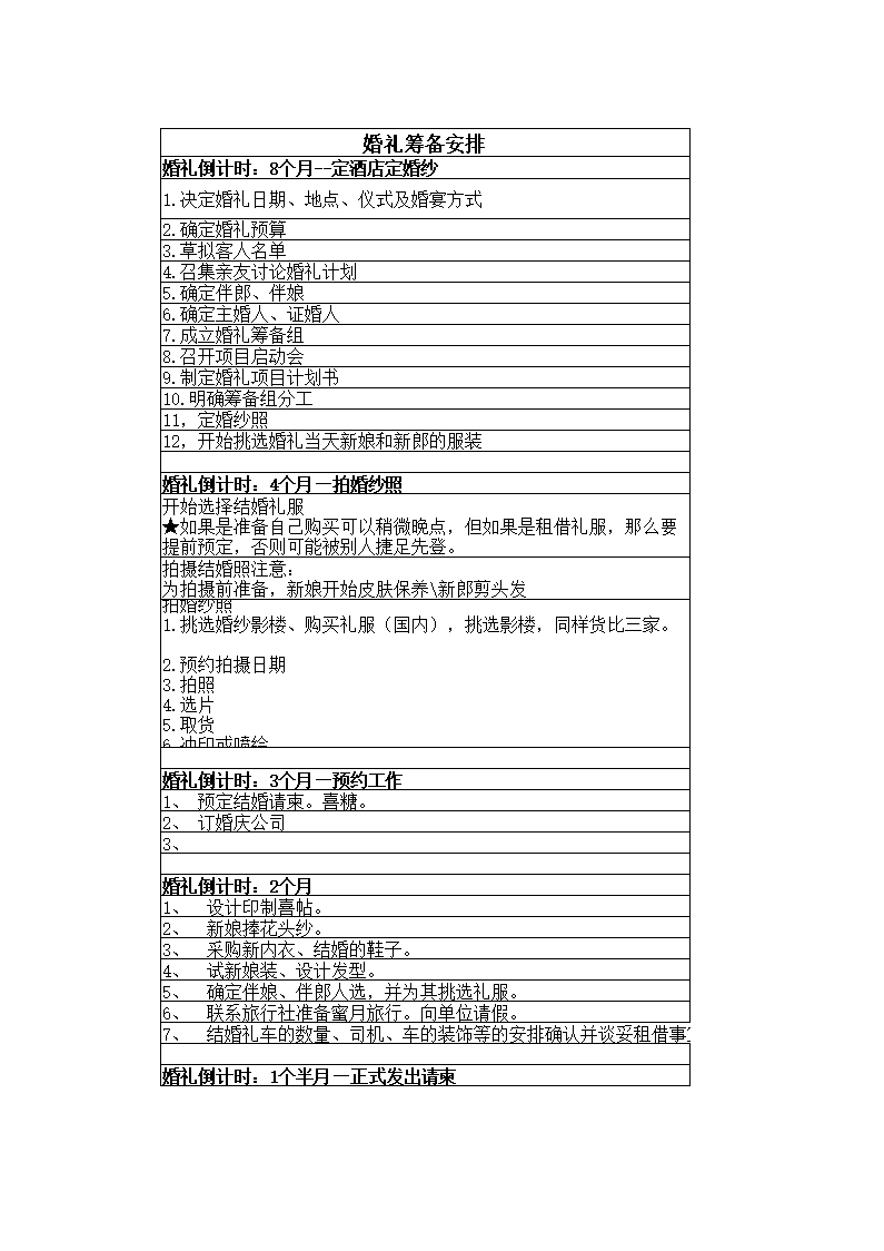 婚礼筹备流程表 模板