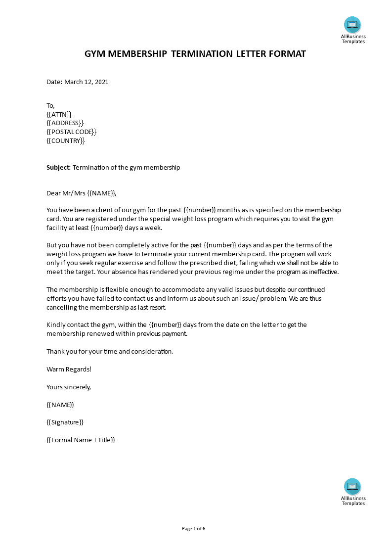 Gratis Gym Membership Termination Letter template Inside Gym Membership Cancellation Letter Template Free