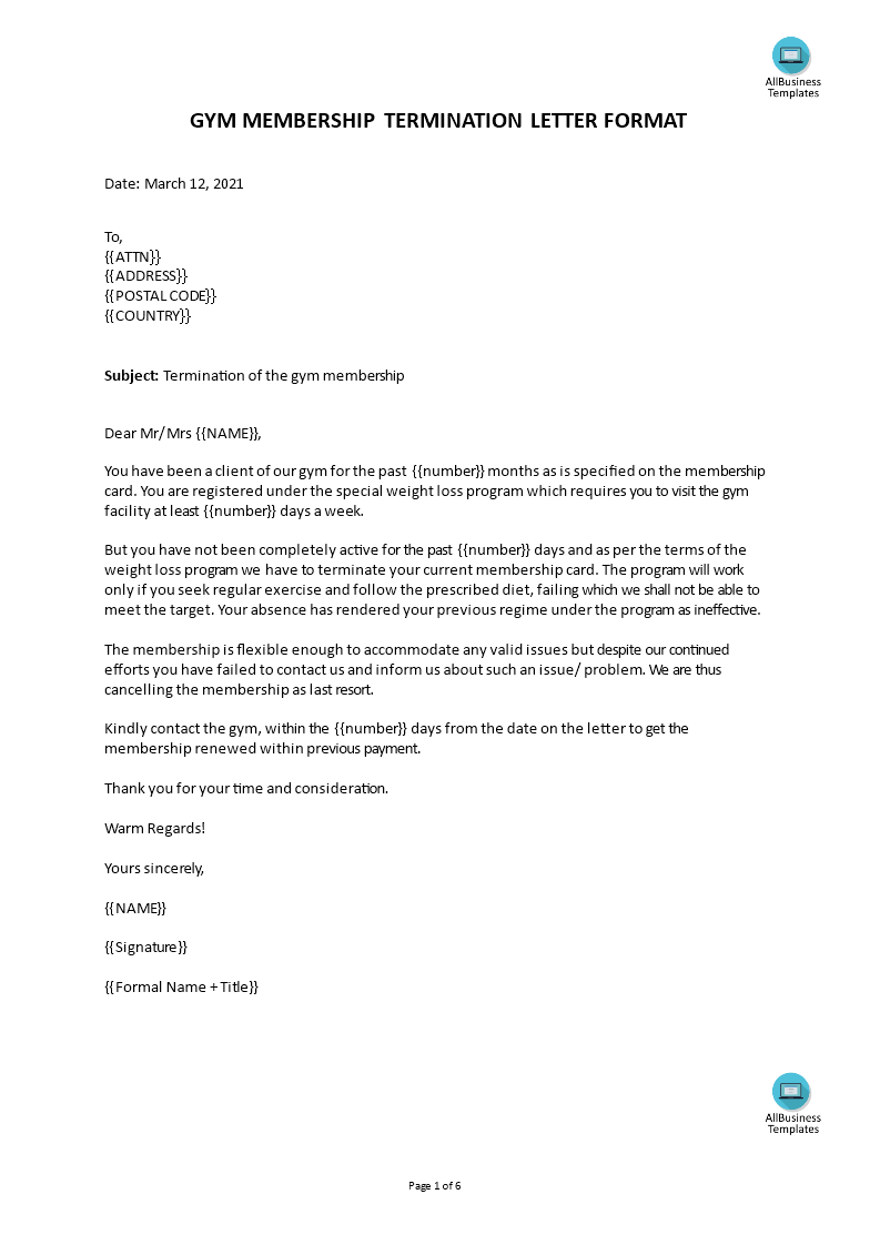 gym membership termination letter template Hauptschablonenbild