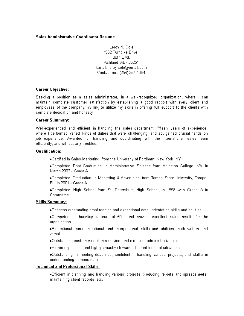 sales administrative coordinator resume template
