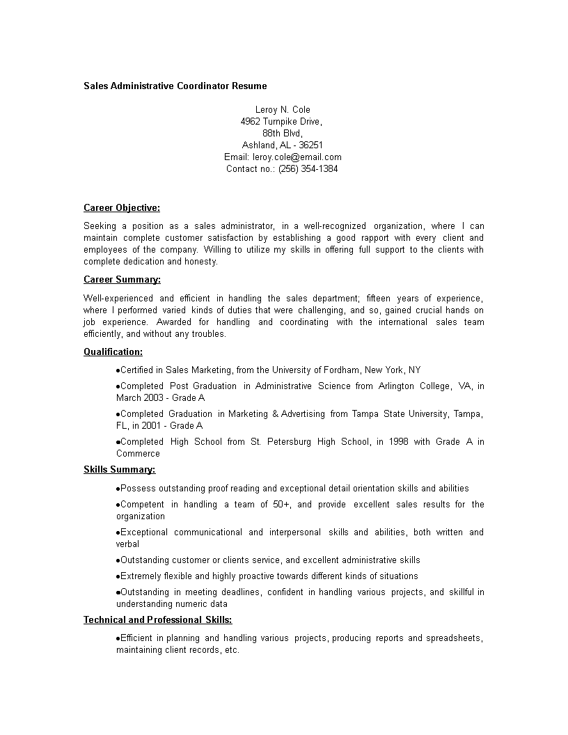 Sales Administrative Coordinator Resume 模板