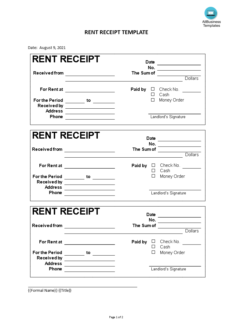 Kostenloses Rent Receipt Format