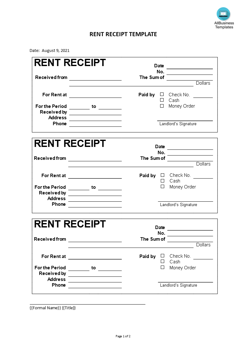 Example Of A Receipt For Rent