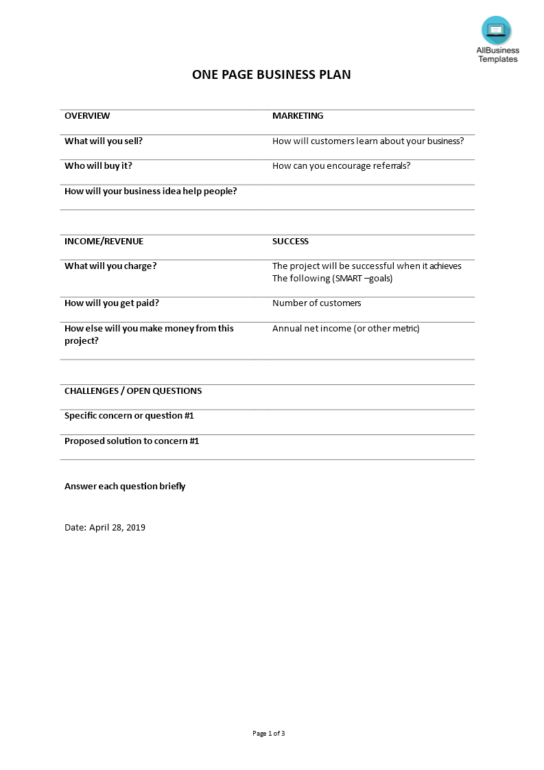 example of 1 page business plan