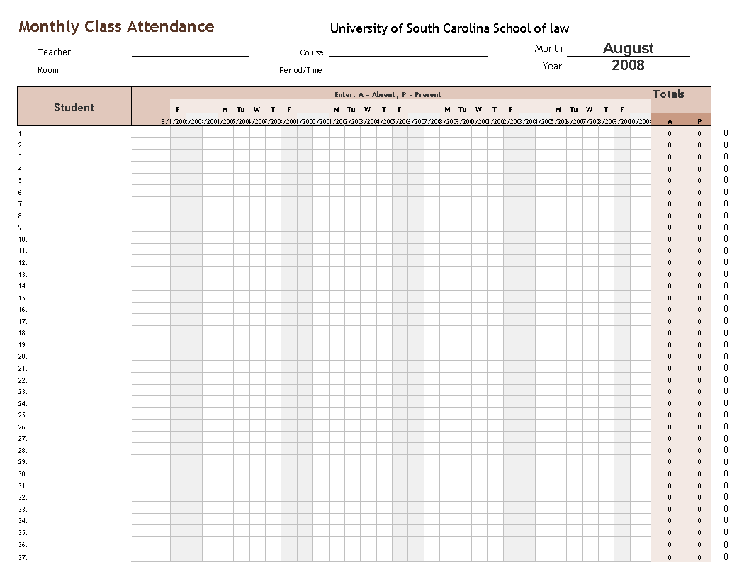 Attendance Tracking Excel Format 模板