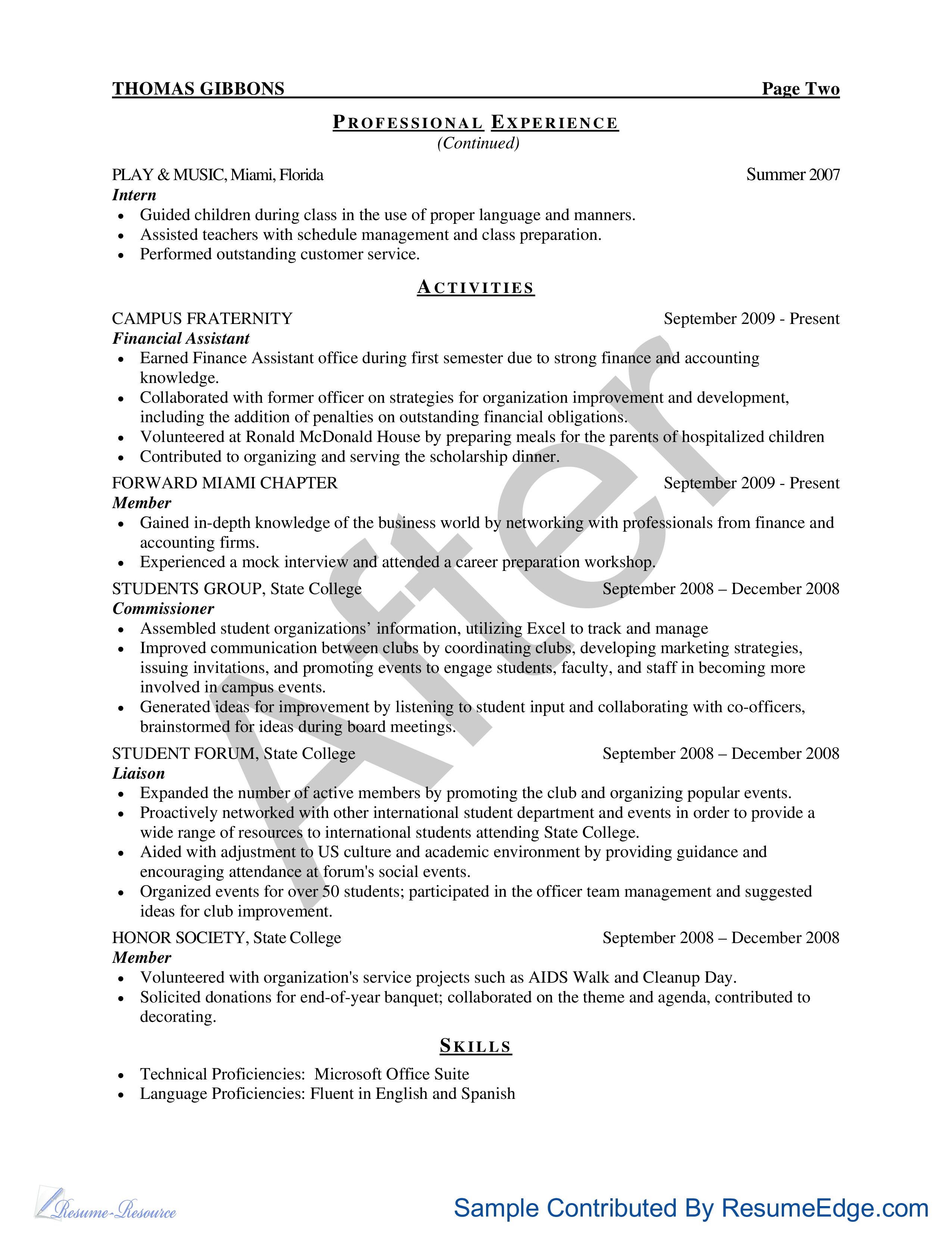 sample resume for hr internship with no experience