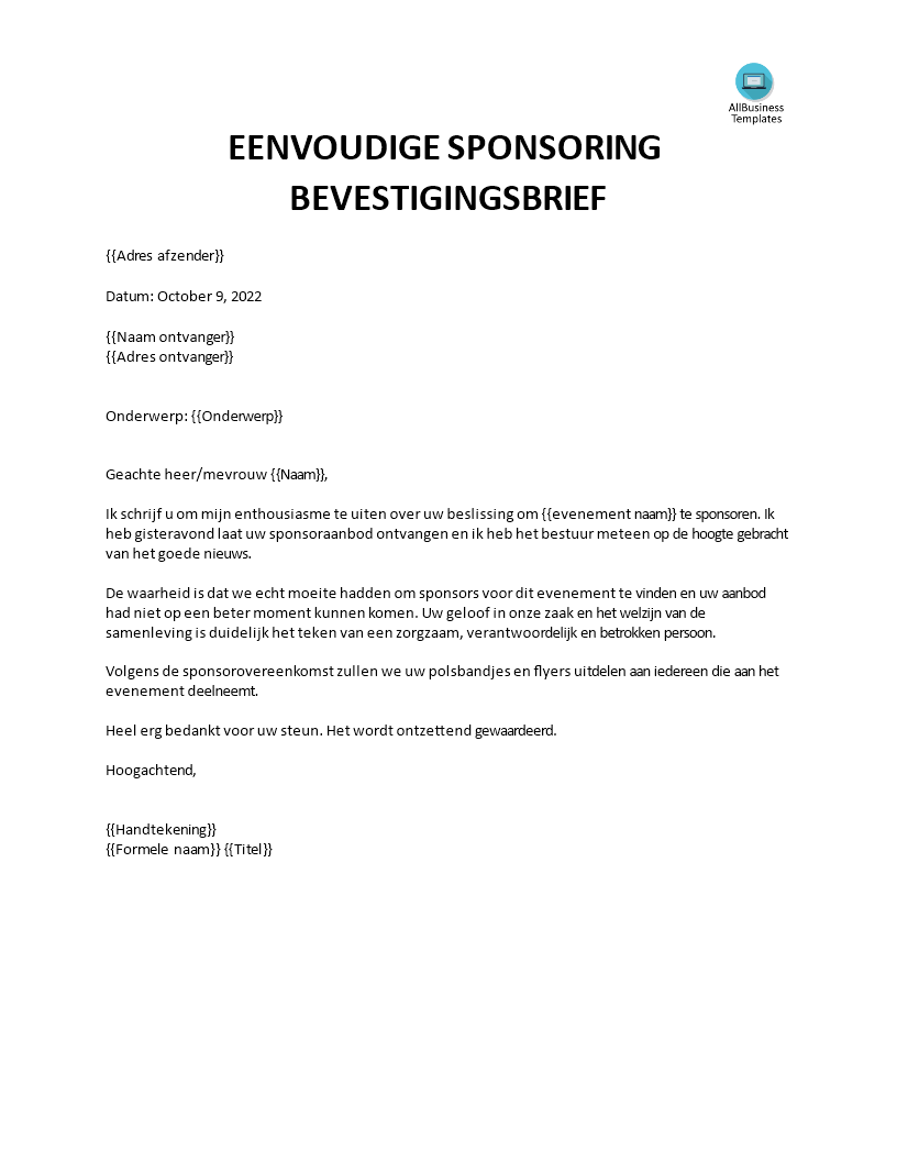 bevestigingsbrief sponsor voorbeeld modèles