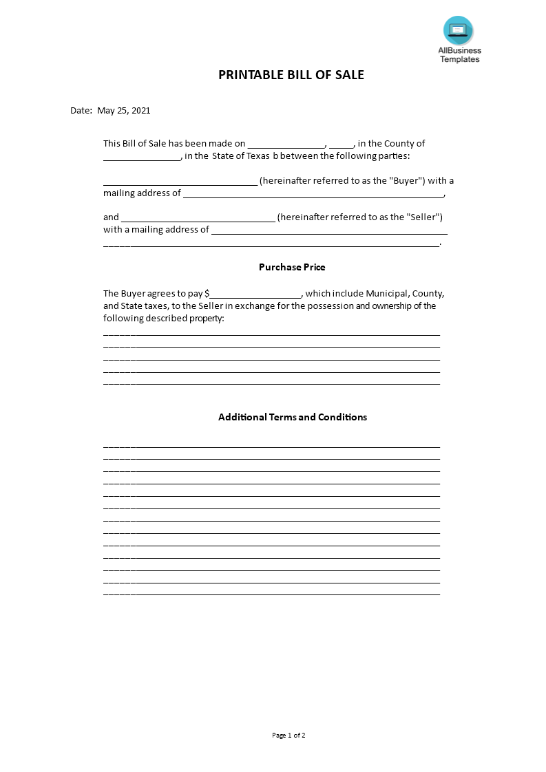 printable bill of sale template