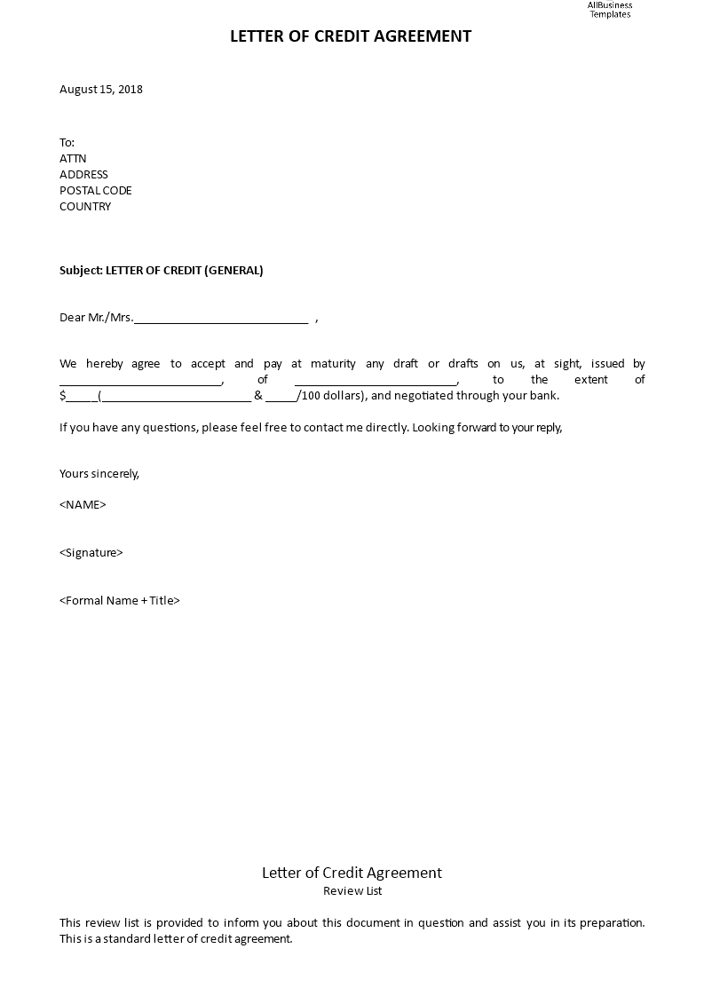 letter of credit agreement template