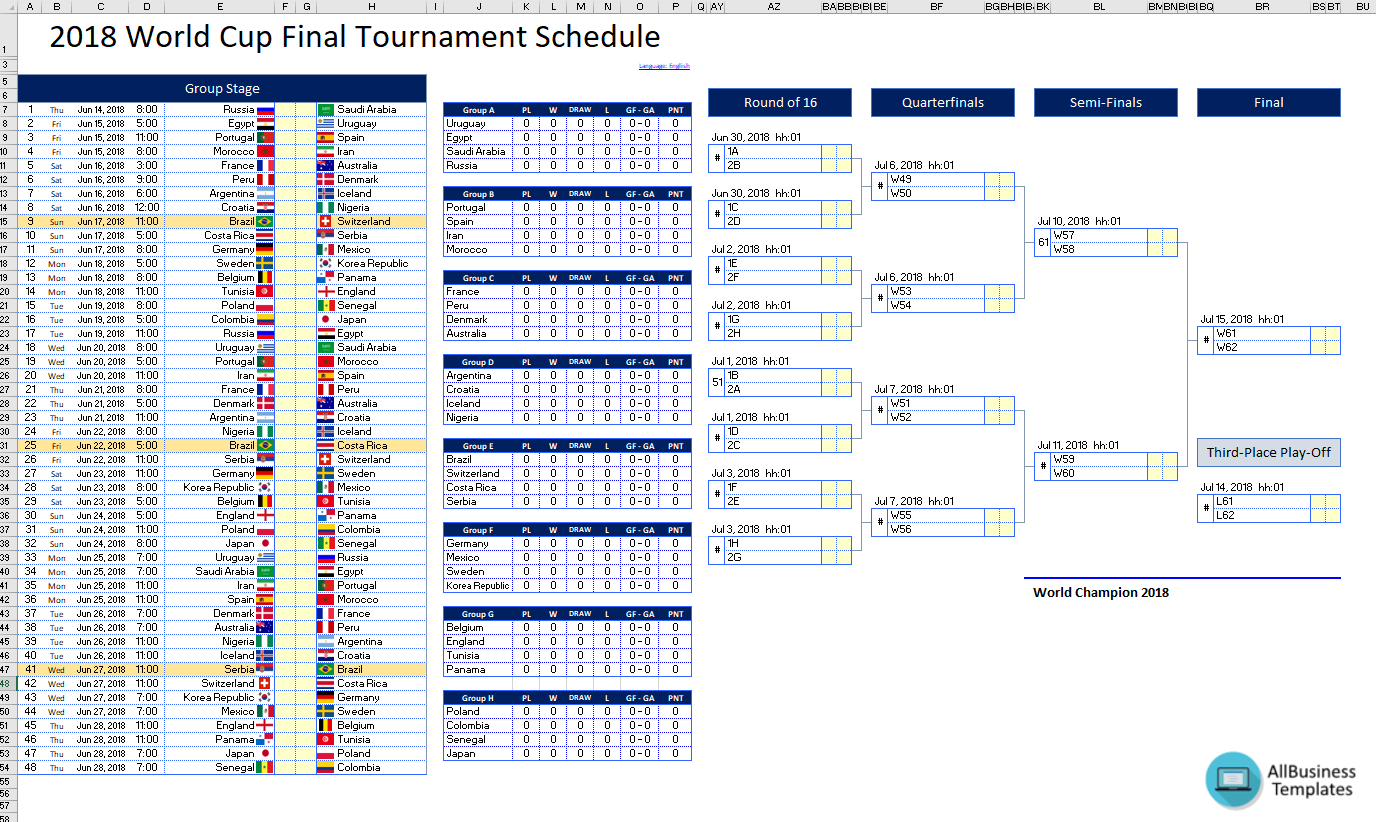 2018 world cup final tournament schedule in excel modèles