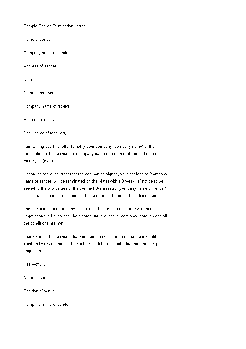 sample service termination letter template