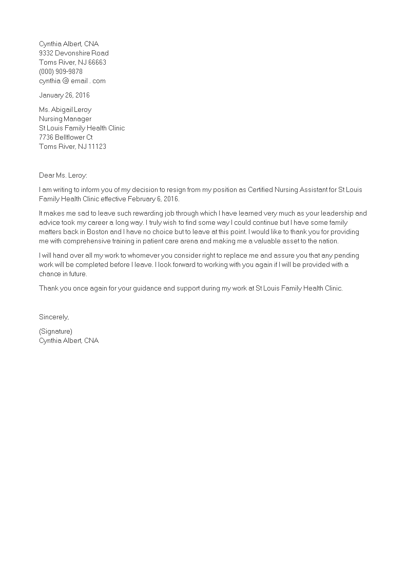 Kostenloses Certified Nurse Assistant Resignation Letter