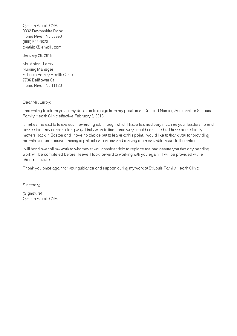 Certified Nurse Assistant Resignation Letter main image