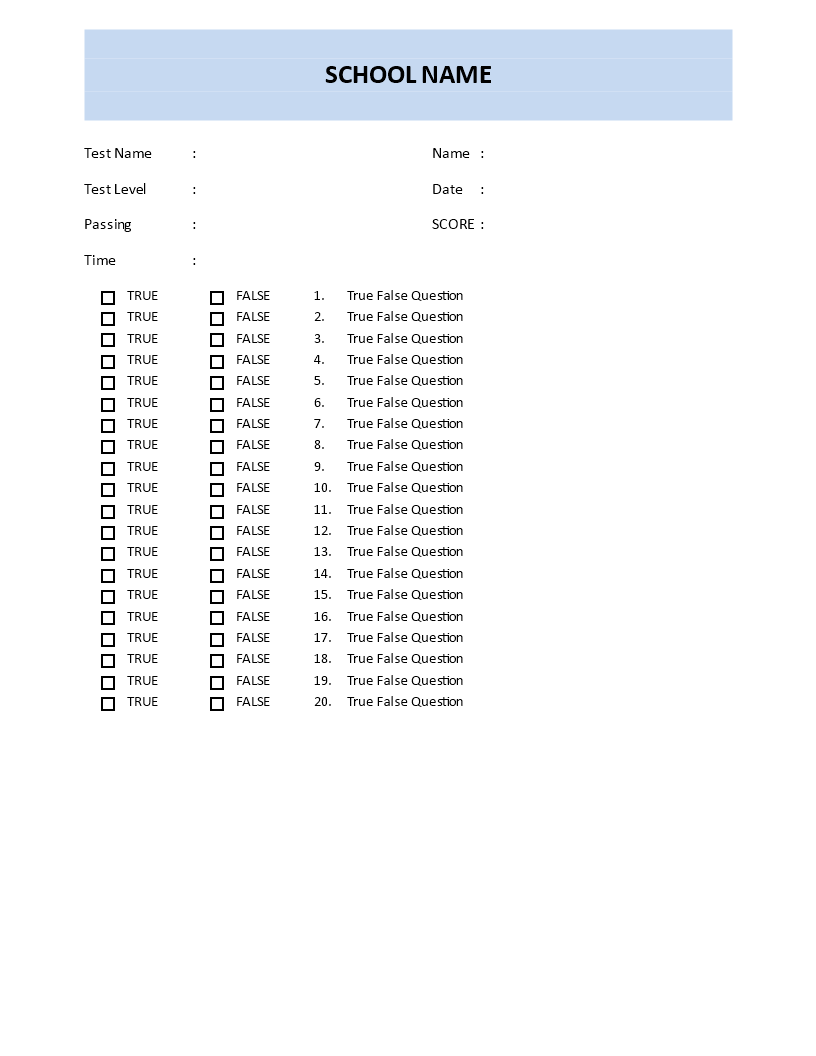 play true or false quiz template modèles