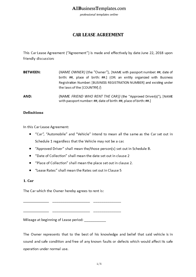 Car Lease Contract between Friends - Premium Schablone Regarding car hire agreement template