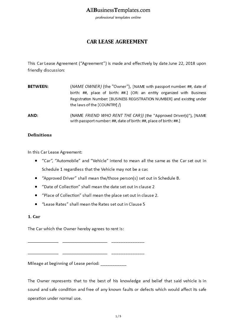 Vehicle Lease Agreement Template