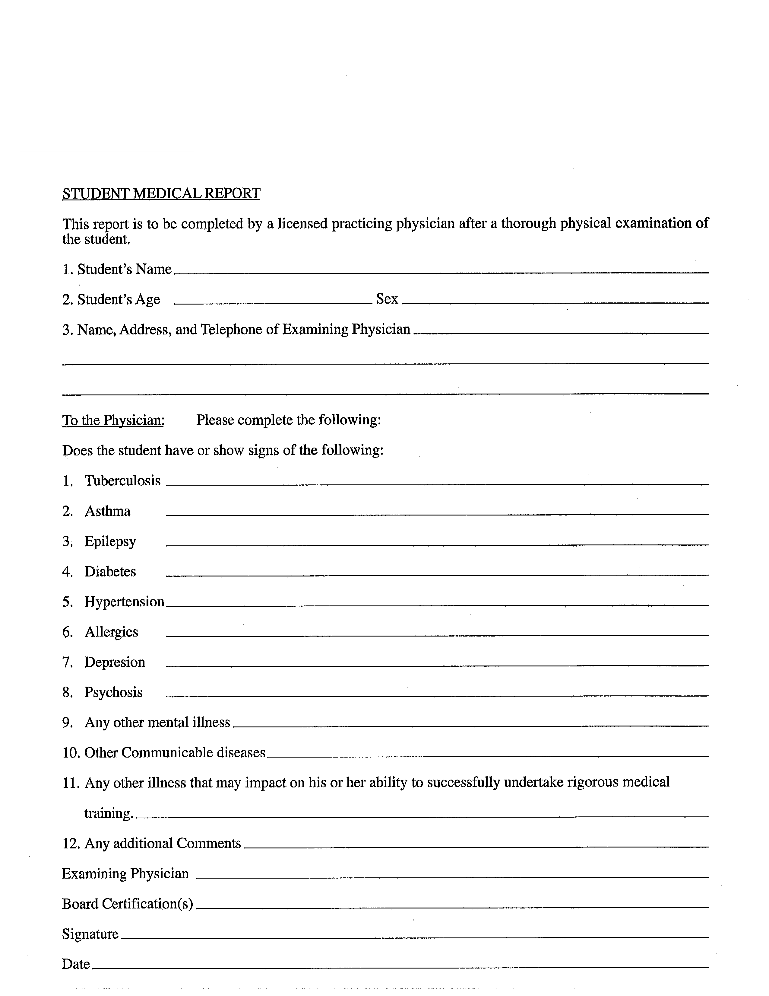 student medical report form template