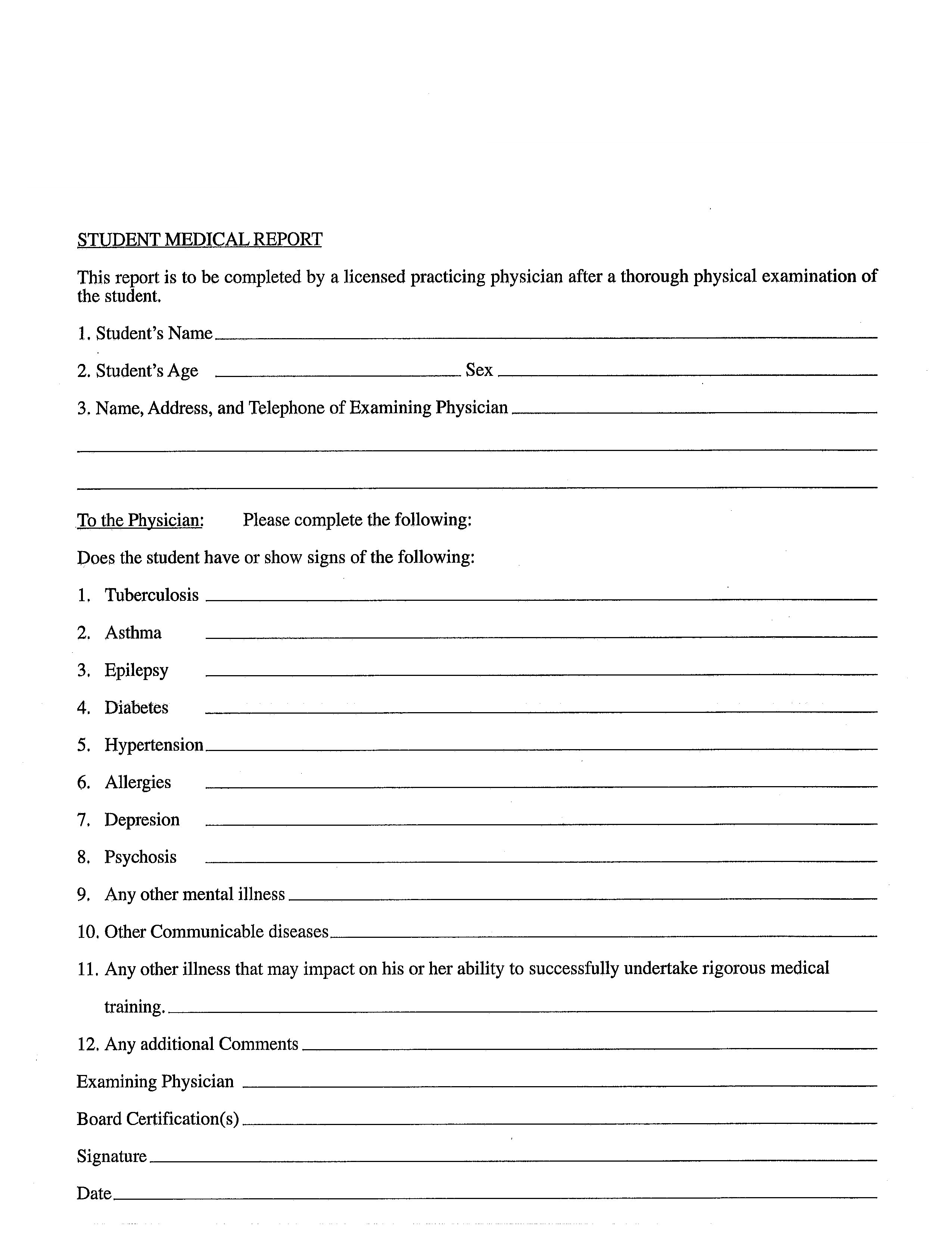 student medical report form template