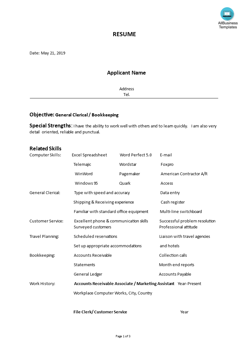 bookkeeping functional resume example modèles