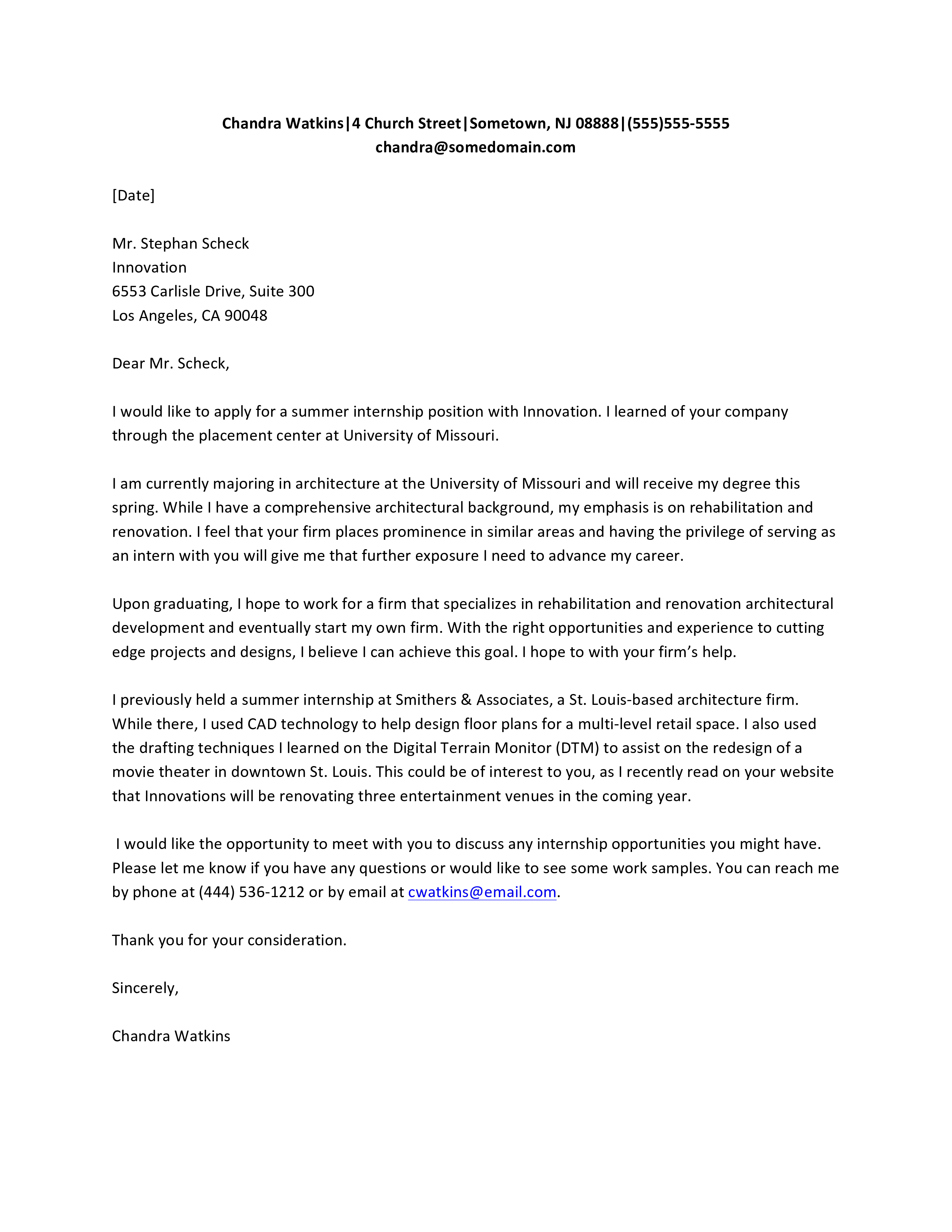 免费 Internship Job Application Letter Format 样本文件在