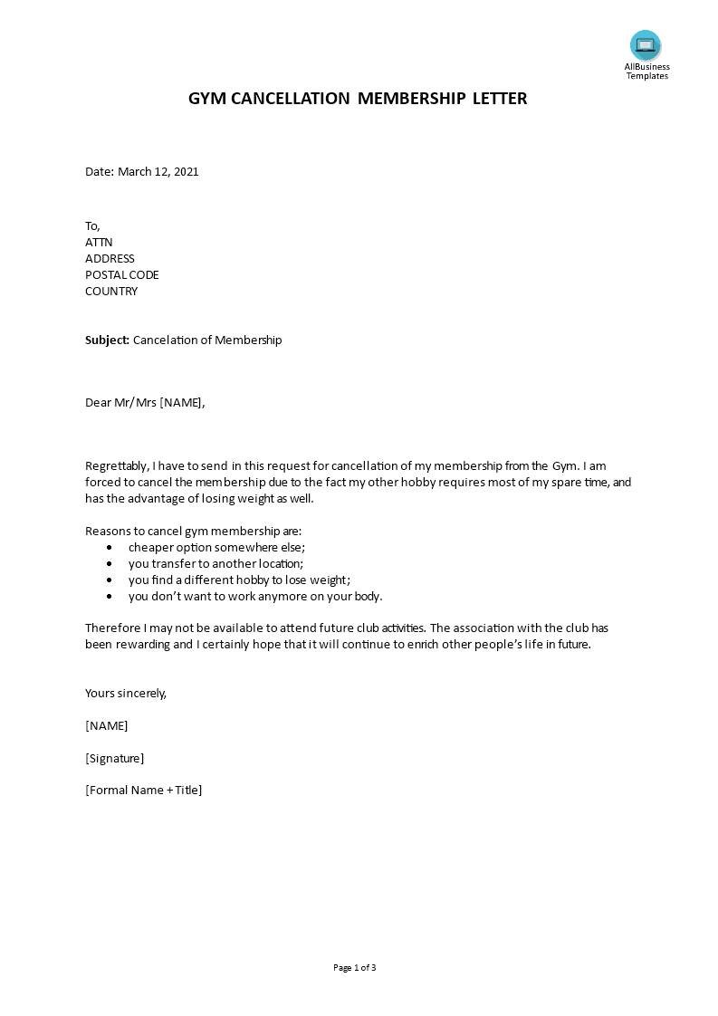 cancel gym membership letter template