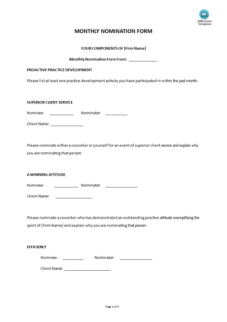 hr monthly nomination form template