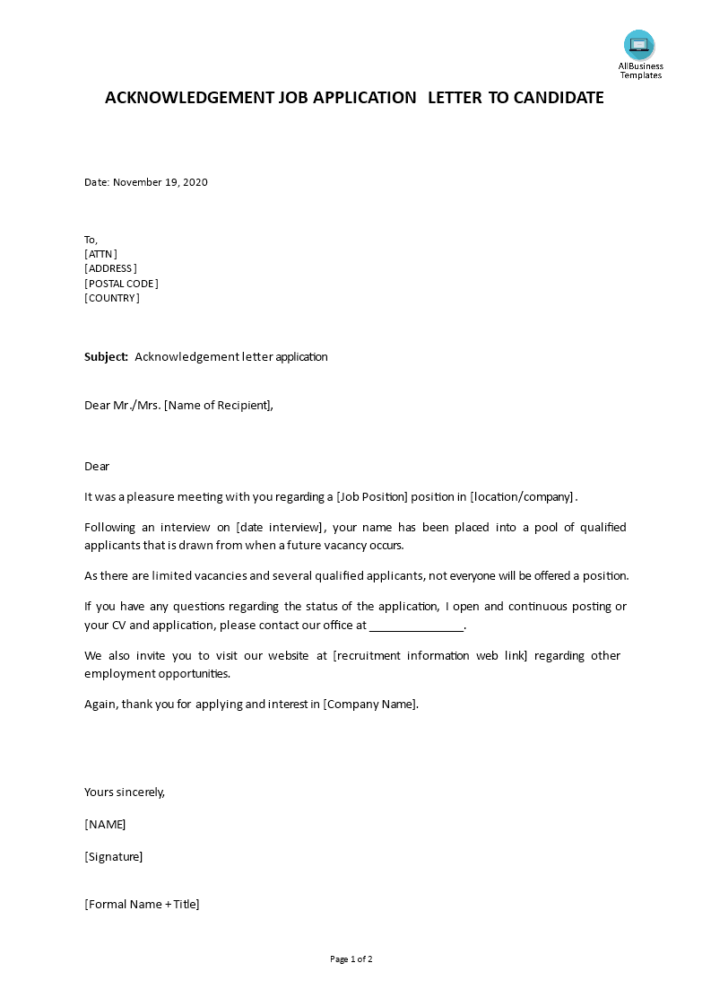 application acknowledgement letter modèles