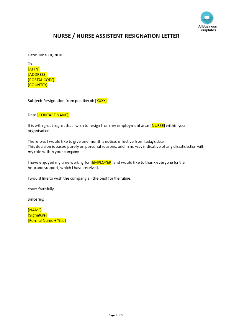 Nurse Resignation Letter with Personal Reason Templates