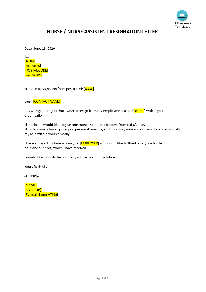 nurse resignation letter with personal reason plantilla imagen principal