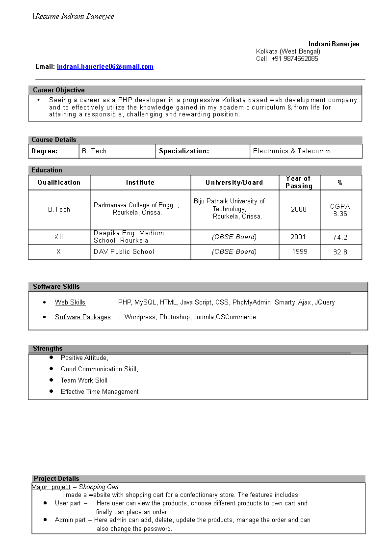 resume format in pdf for freshers