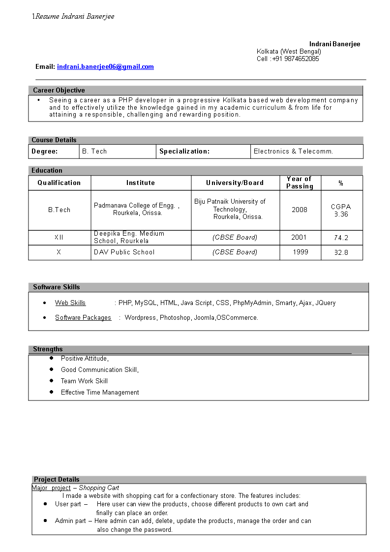 Basic Fresher Resume For Students 模板