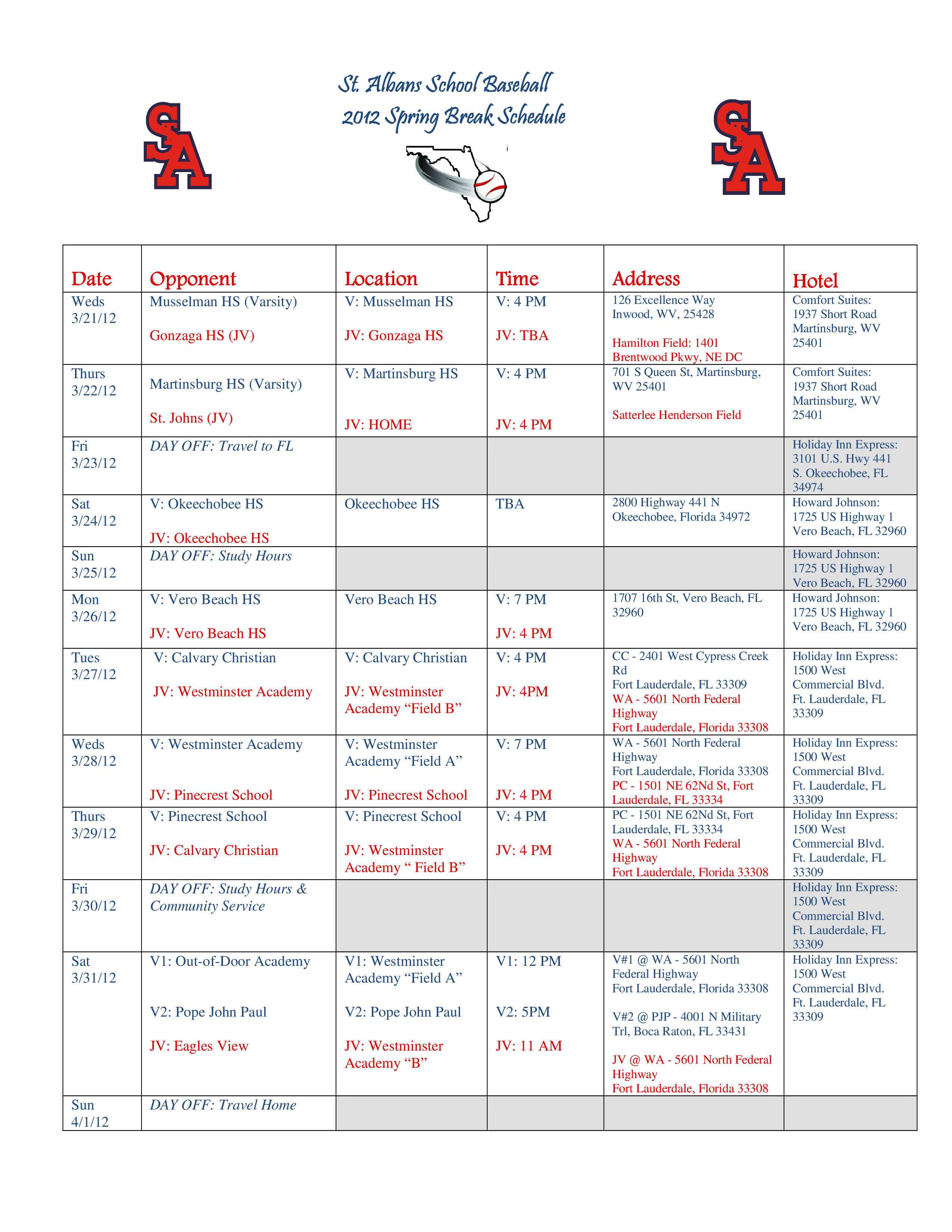 spring break schedule template