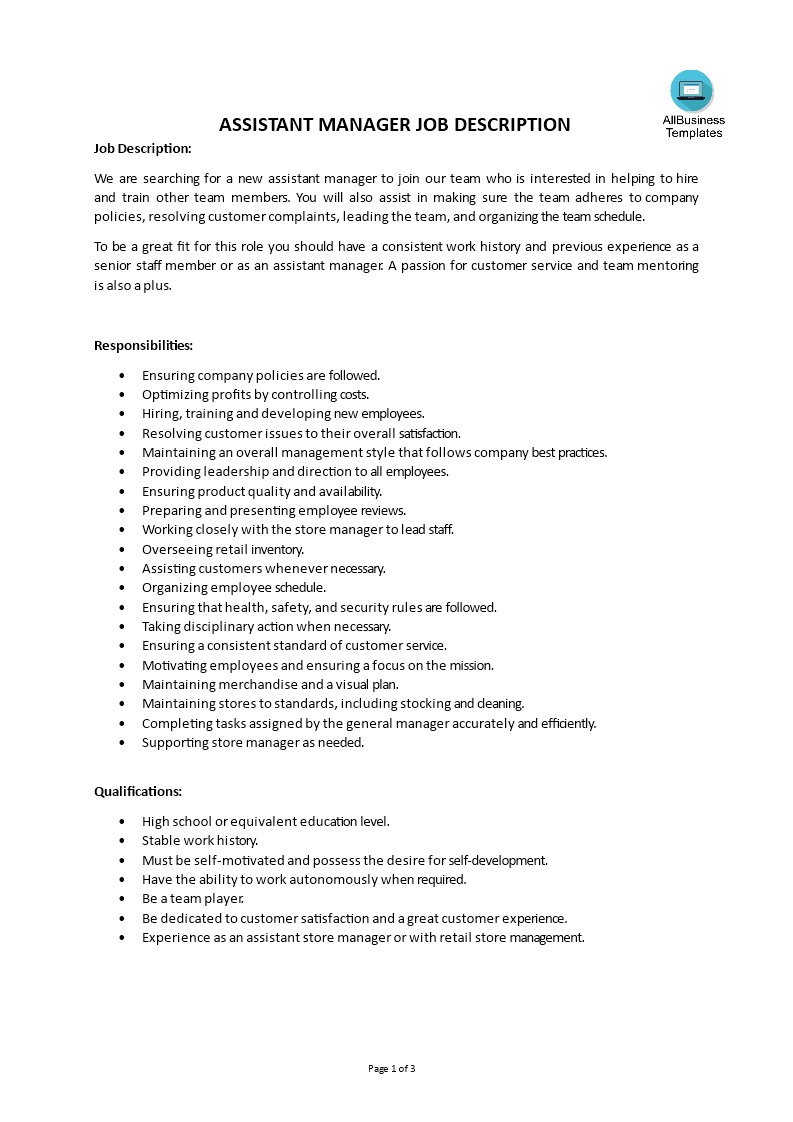 assistant manager job description template