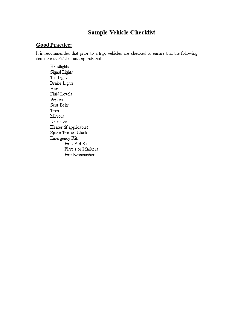 vehicle checklist word template