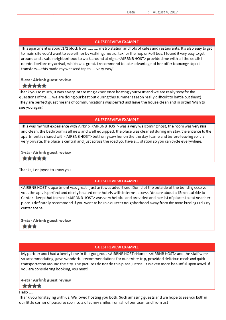airbnb guest reviews template modèles