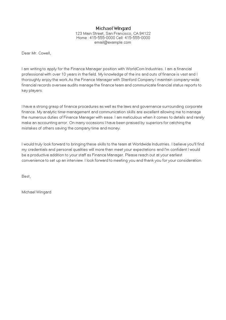 finance manager job application letter Hauptschablonenbild