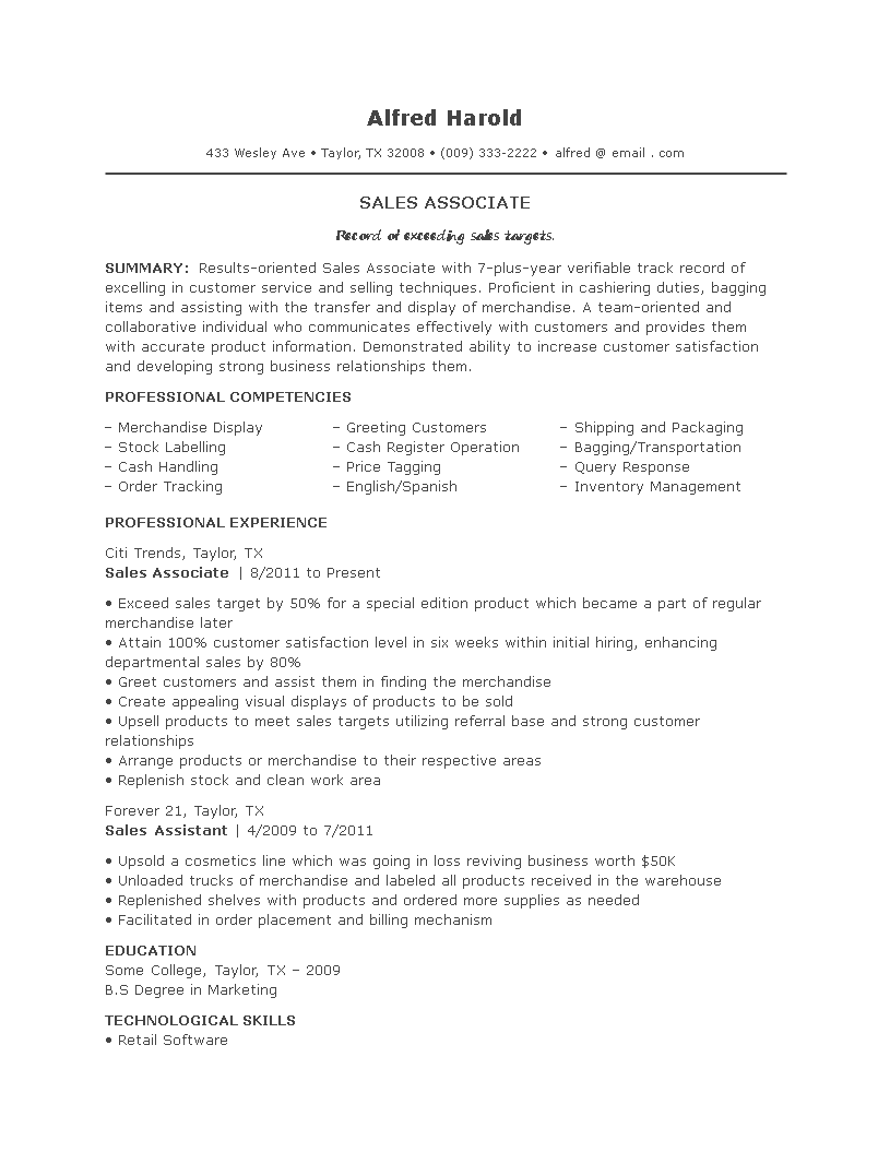 Sales Associate Job Resume | Templates at allbusinesstemplates.com