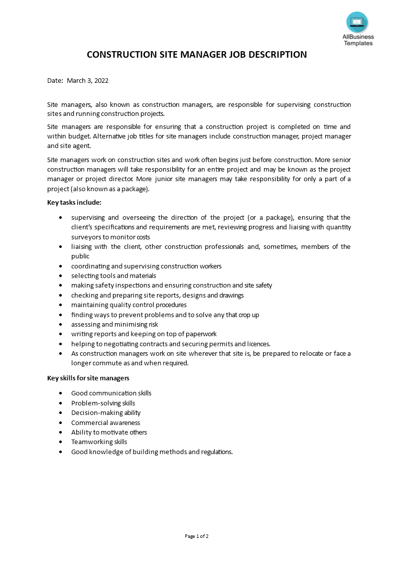 construction site manager job description voorbeeld afbeelding 