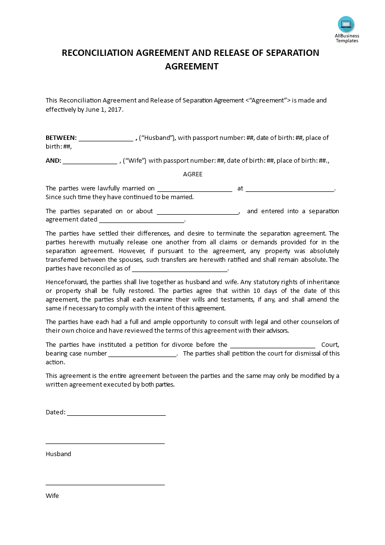 reconciliation agreement and release of separation agreement modèles