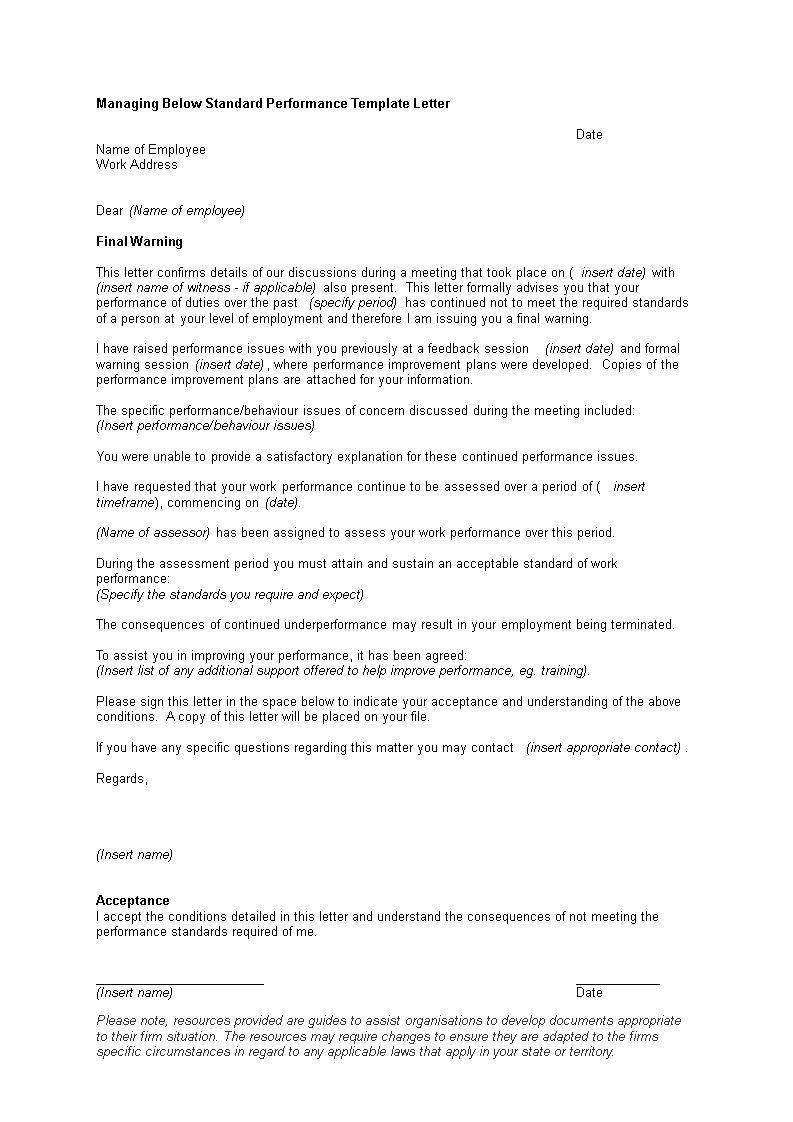 poor staff performance warning letter template