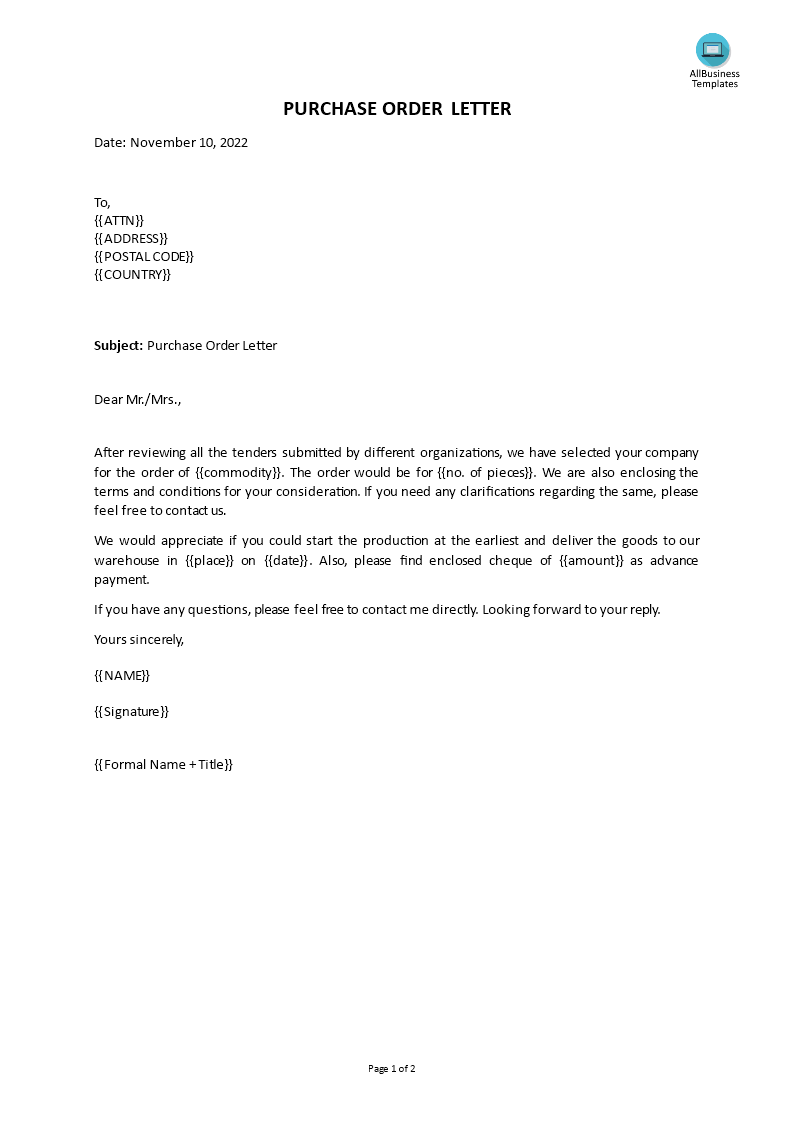 cover letter for purchase agreement