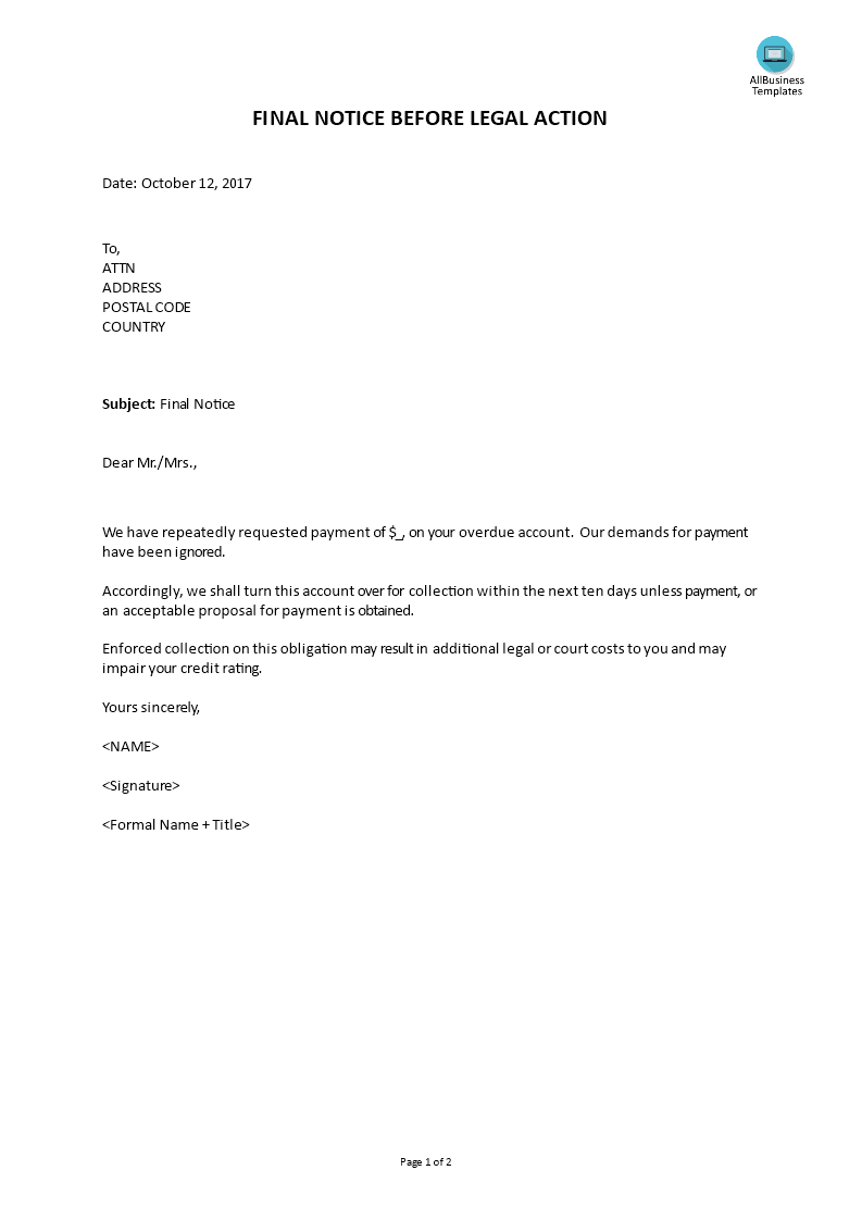 Letter Of Intent To Take Legal Action from www.allbusinesstemplates.com