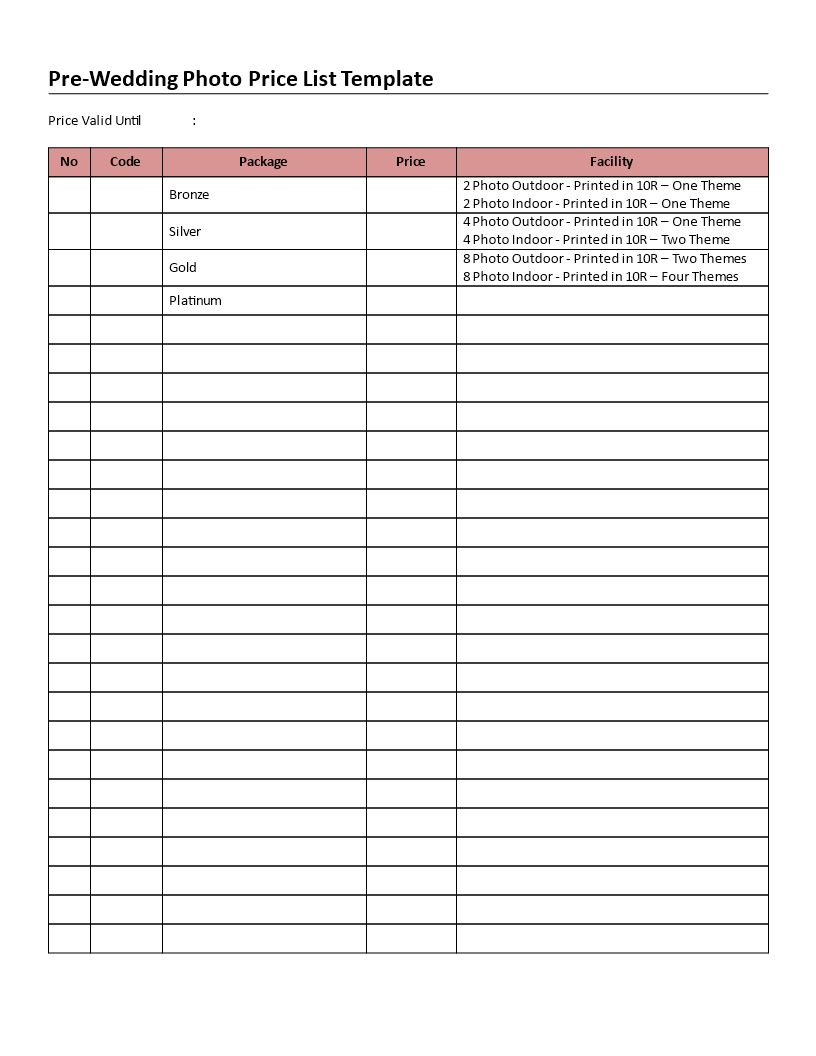 pre-wedding photo price list 5 columns template