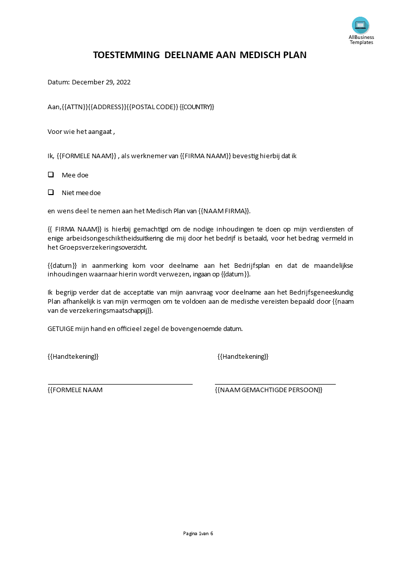 machtiging deelname aan een medisch plan template