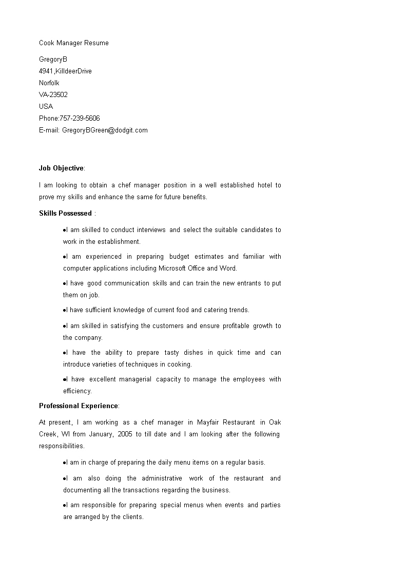 cook manager resume template