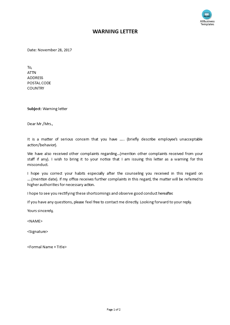 hr warning letter for unacceptable actions by employee template