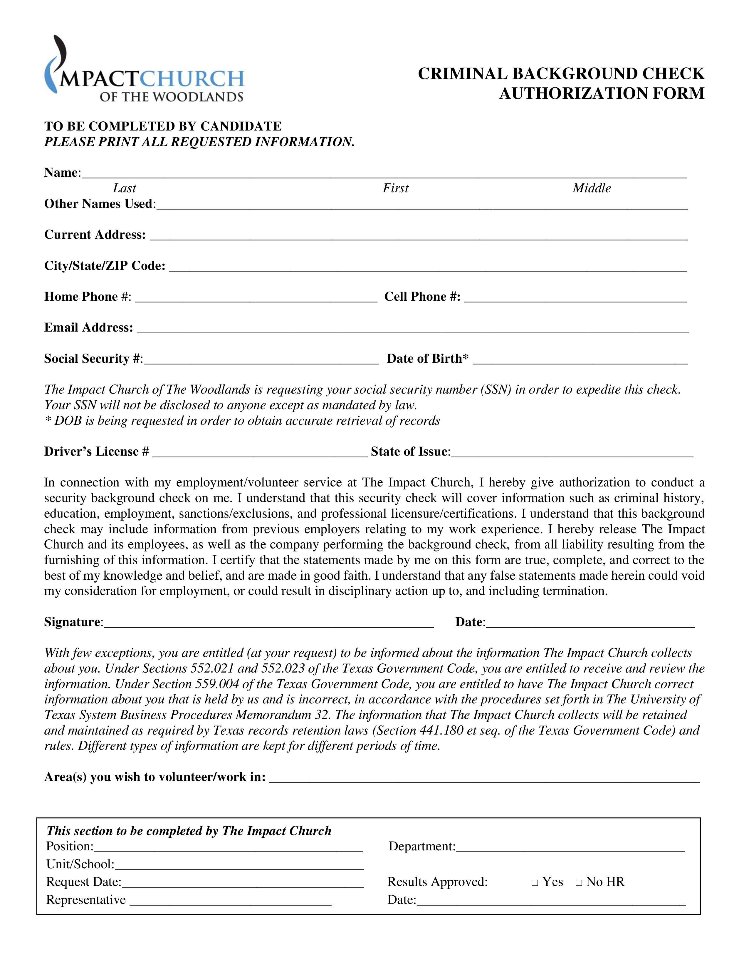 Criminal Background Check Authorization Form main image